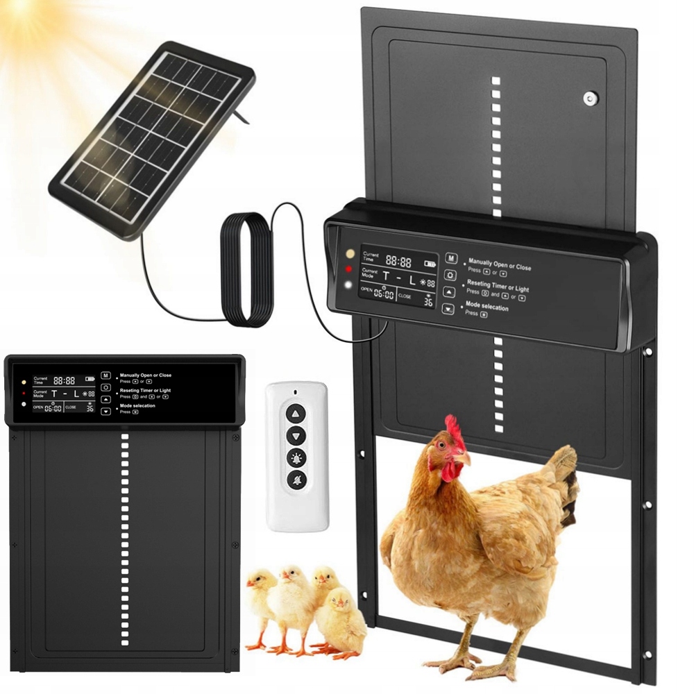 AUTOMATICKÉ DVERE PRE KURACÍ CHATKU, ČASOVAČ, SVETELNÝ SENZOR, STOP, SOLÁRNY PANEL, DIAĽKOVÉ OVLÁDANIE